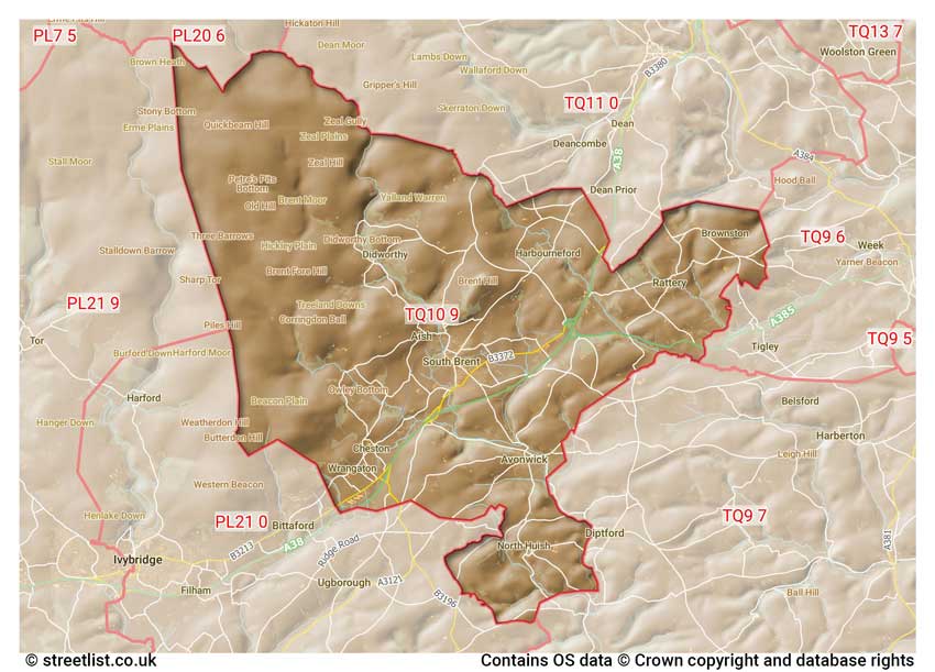 map showing postcode sectors within the TQ10 district