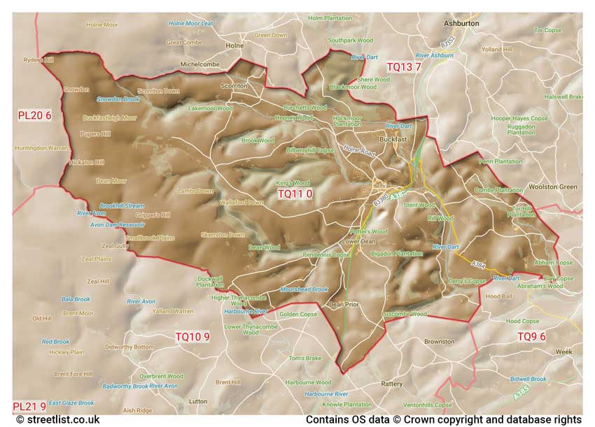 map showing postcode sectors within the TQ11 district