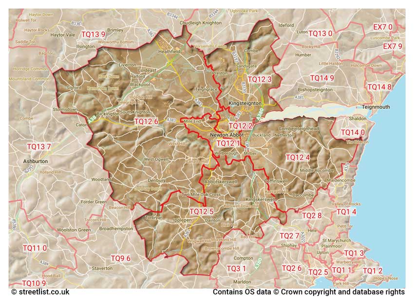 map showing postcode sectors within the TQ12 district