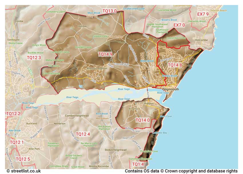 map showing postcode sectors within the TQ14 district