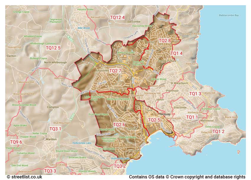 map showing postcode sectors within the TQ2 district