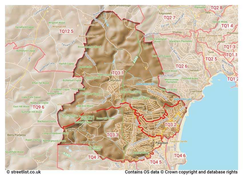 map showing postcode sectors within the TQ3 district