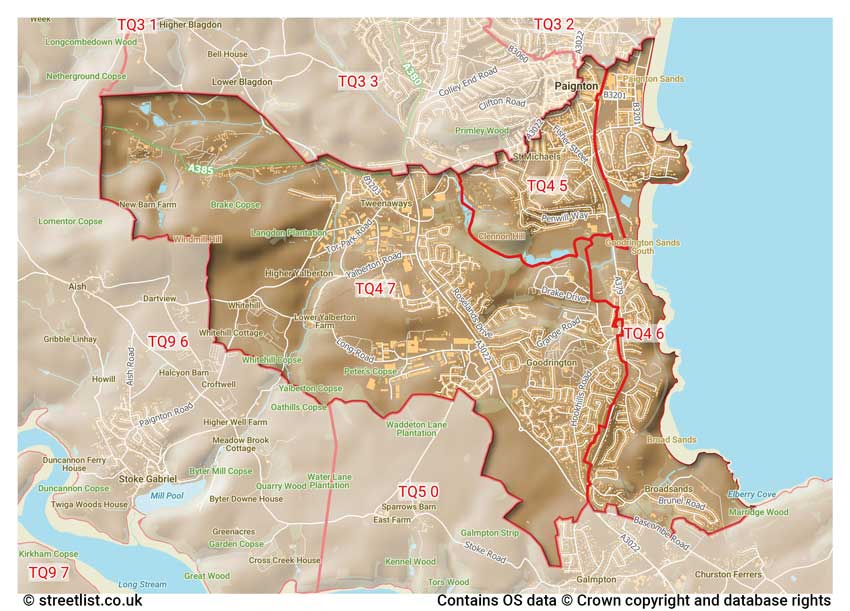 map showing postcode sectors within the TQ4 district