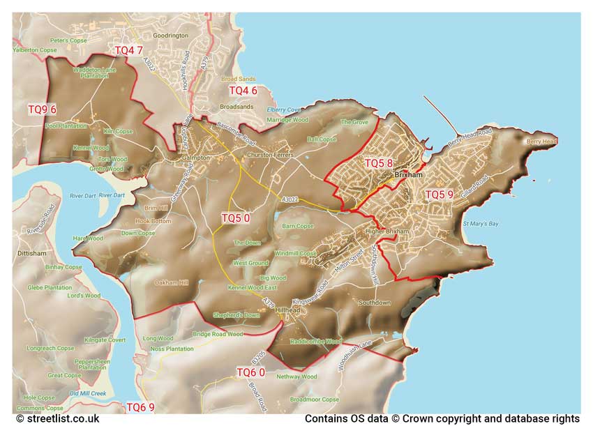 map showing postcode sectors within the TQ5 district