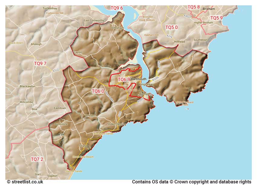 map showing postcode sectors within the TQ6 district