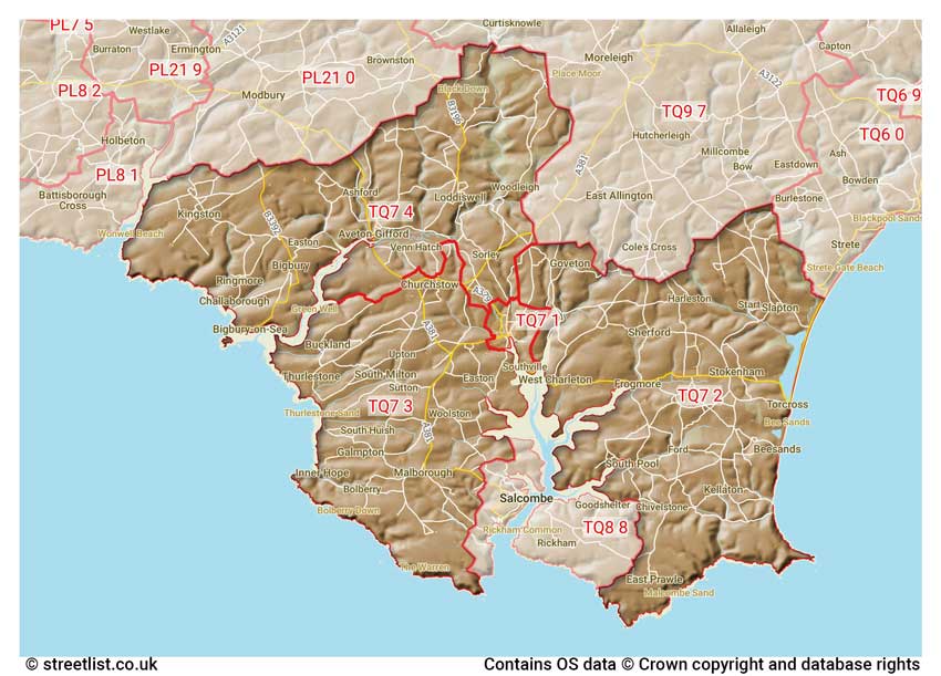 map showing postcode sectors within the TQ7 district