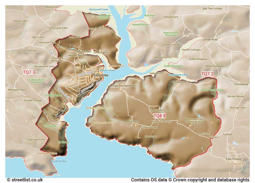 map showing postcode sectors within the TQ8 district