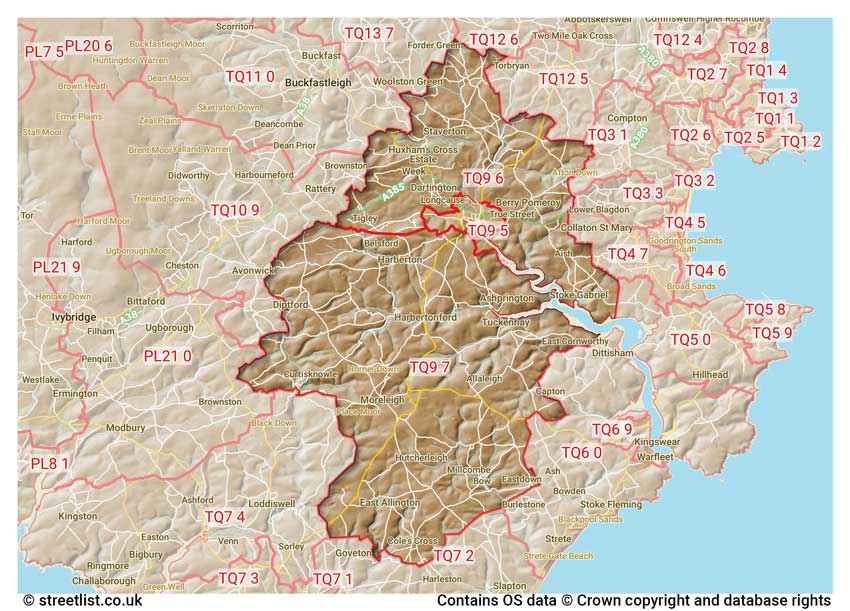 map showing postcode sectors within the TQ9 district