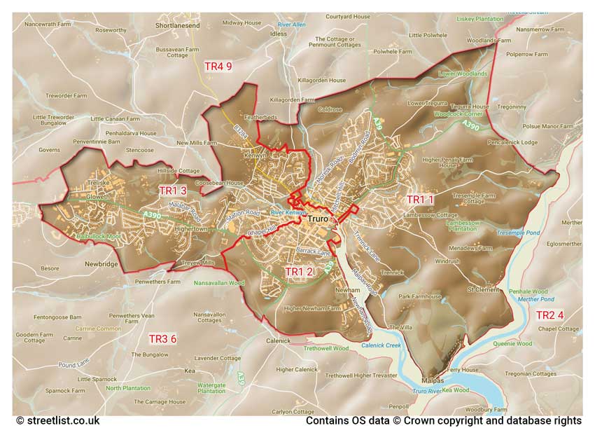 map showing postcode sectors within the TR1 district