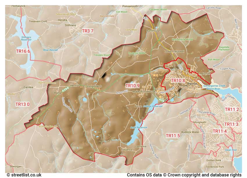 map showing postcode sectors within the TR10 district