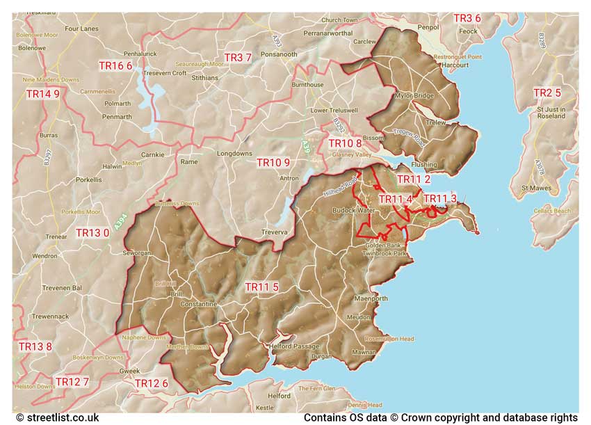 map showing postcode sectors within the TR11 district