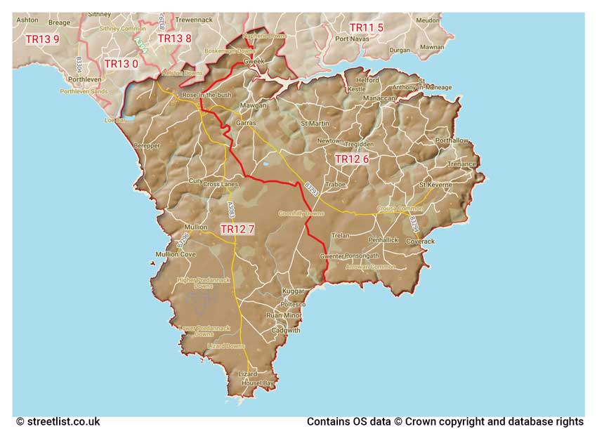 map showing postcode sectors within the TR12 district