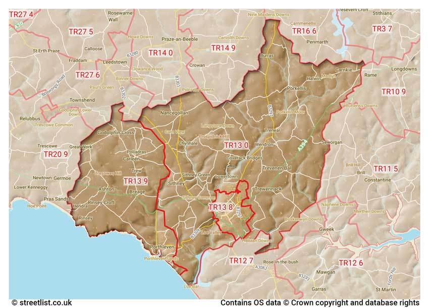 map showing postcode sectors within the TR13 district