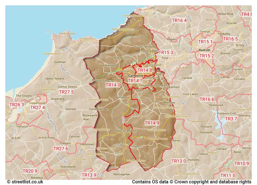 map showing postcode sectors within the TR14 district