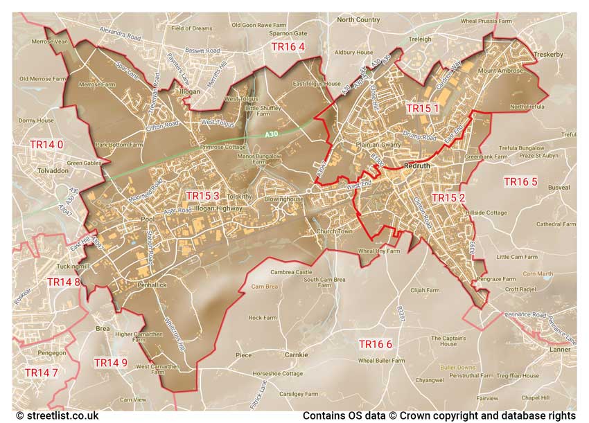 map showing postcode sectors within the TR15 district