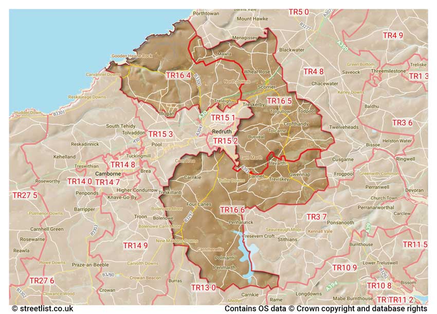 map showing postcode sectors within the TR16 district