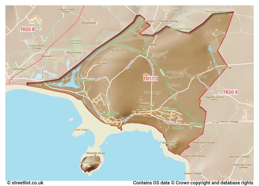 map showing postcode sectors within the TR17 district