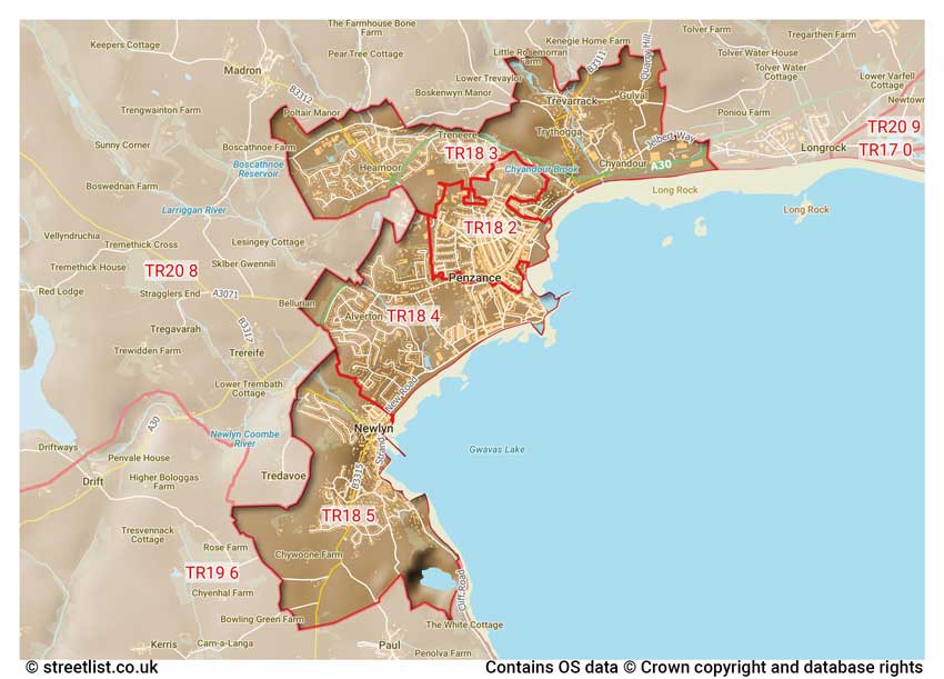 map showing postcode sectors within the TR18 district