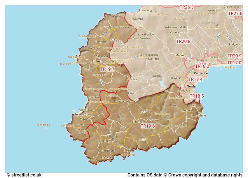 map showing postcode sectors within the TR19 district