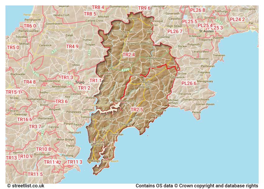 map showing postcode sectors within the TR2 district