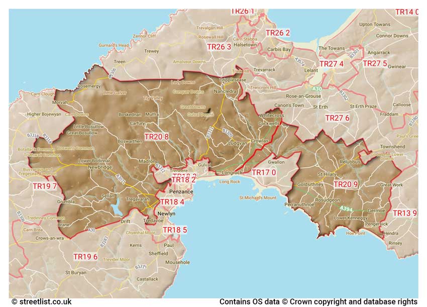 map showing postcode sectors within the TR20 district