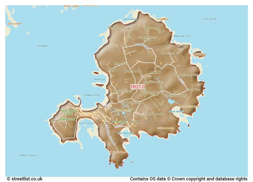 map showing postcode sectors within the TR21 district