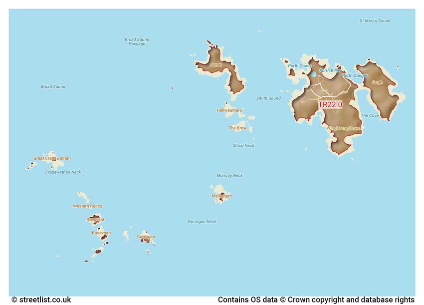 map showing postcode sectors within the TR22 district