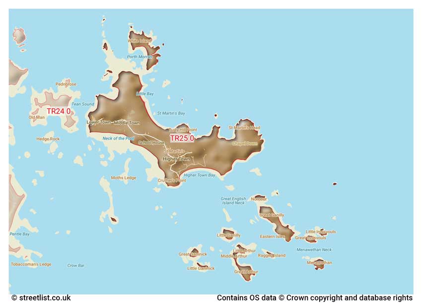 map showing postcode sectors within the TR25 district