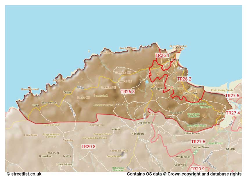 map showing postcode sectors within the TR26 district