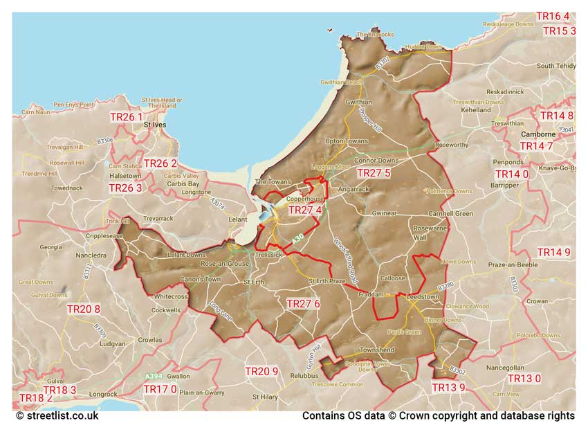 map showing postcode sectors within the TR27 district