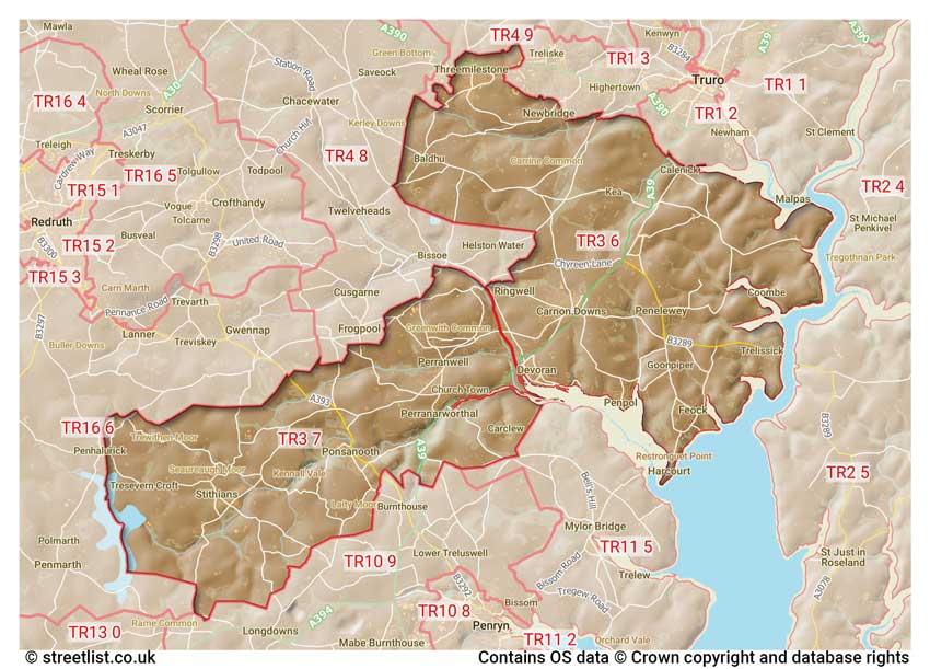 map showing postcode sectors within the TR3 district