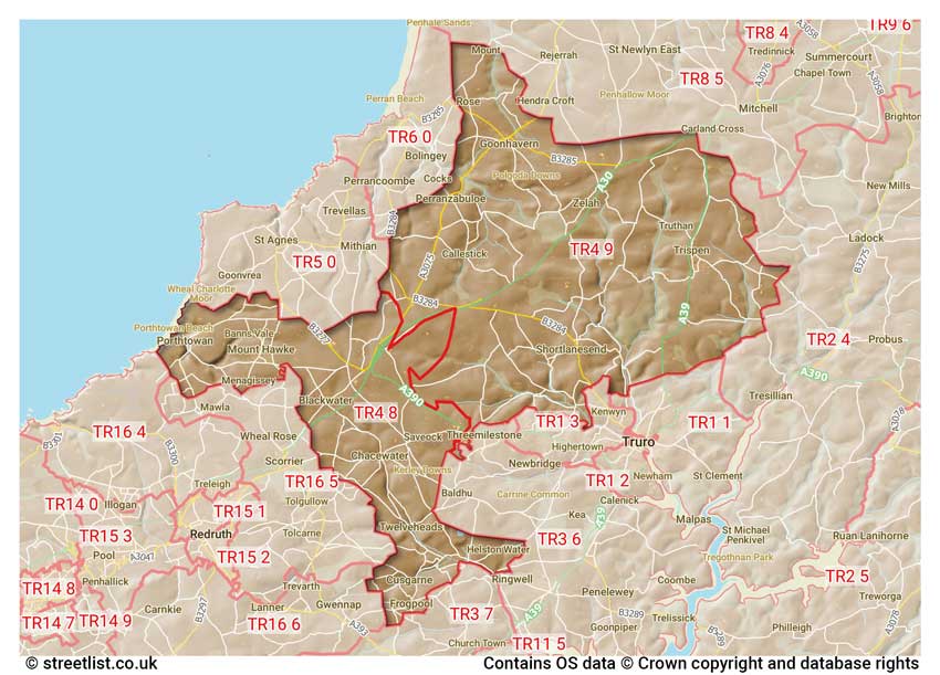 map showing postcode sectors within the TR4 district