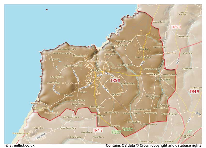 map showing postcode sectors within the TR5 district