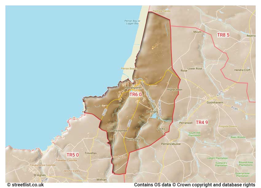 map showing postcode sectors within the TR6 district