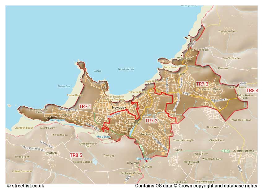 map showing postcode sectors within the TR7 district