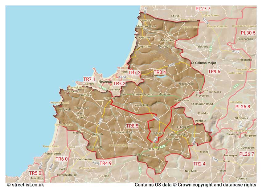 map showing postcode sectors within the TR8 district