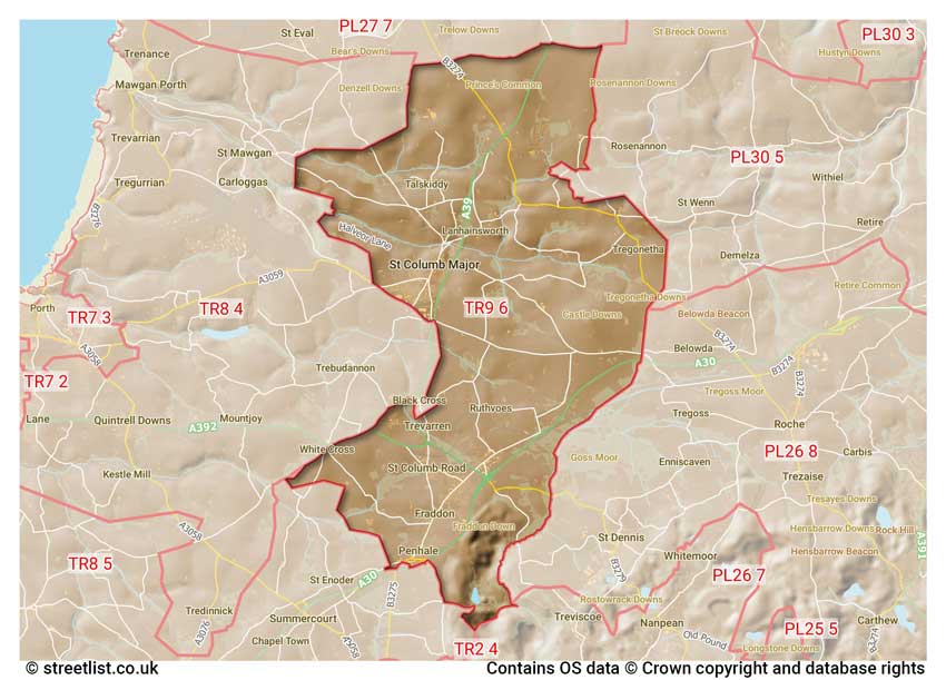 map showing postcode sectors within the TR9 district