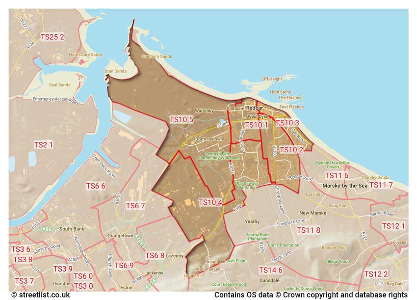 map showing postcode sectors within the TS10 district