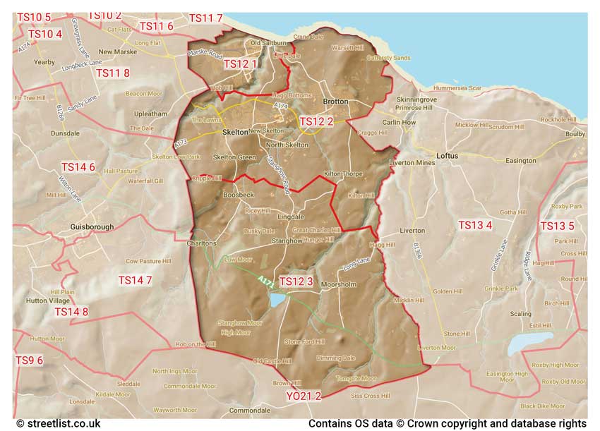 map showing postcode sectors within the TS12 district