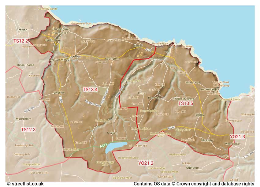 map showing postcode sectors within the TS13 district