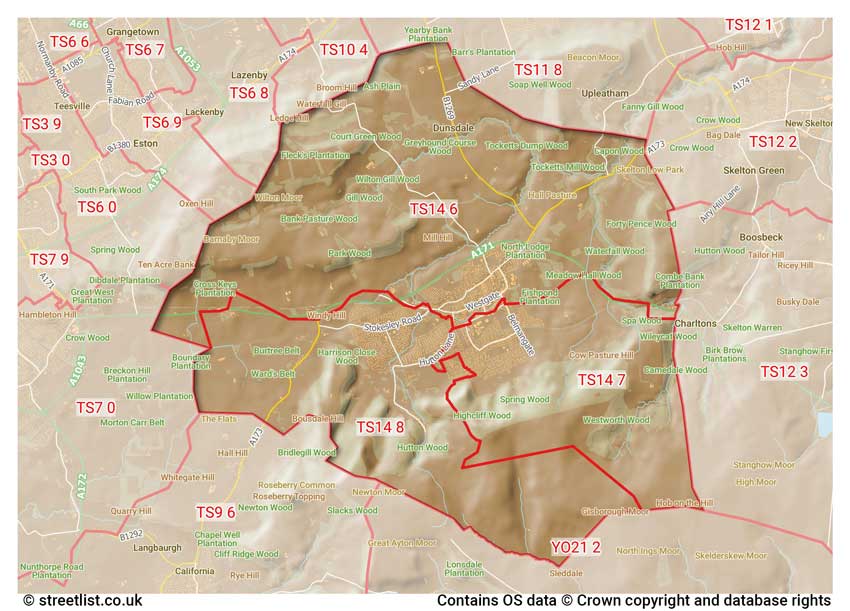 map showing postcode sectors within the TS14 district