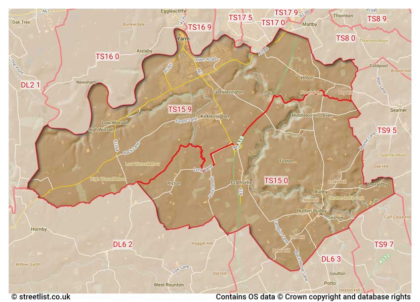 map showing postcode sectors within the TS15 district