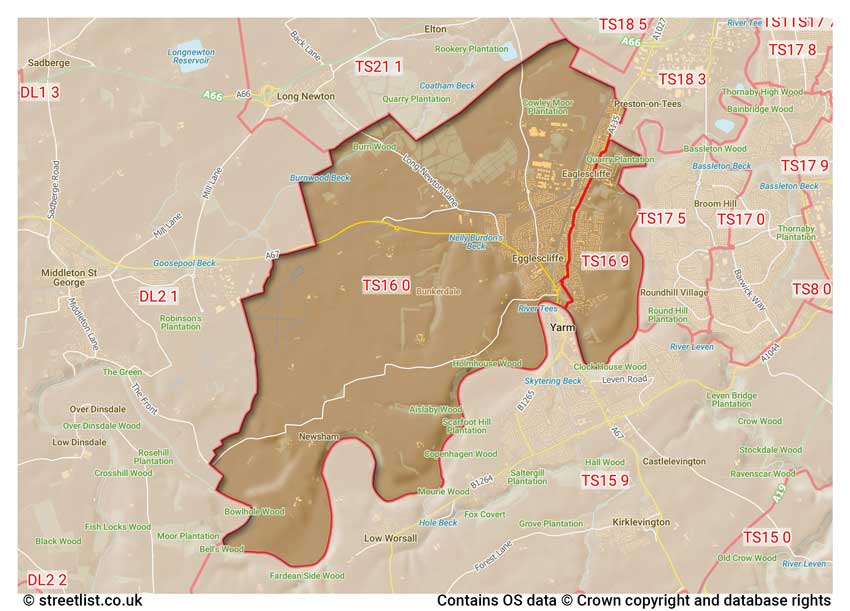 map showing postcode sectors within the TS16 district