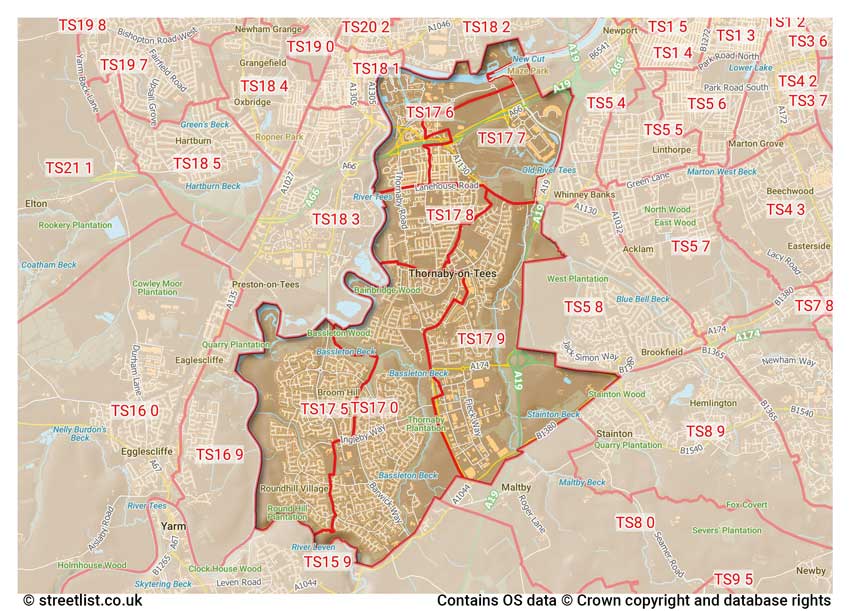 map showing postcode sectors within the TS17 district