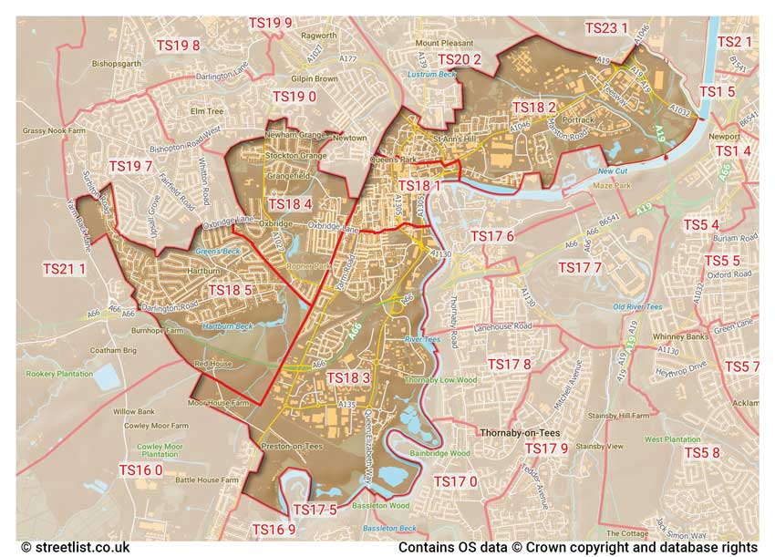 map showing postcode sectors within the TS18 district