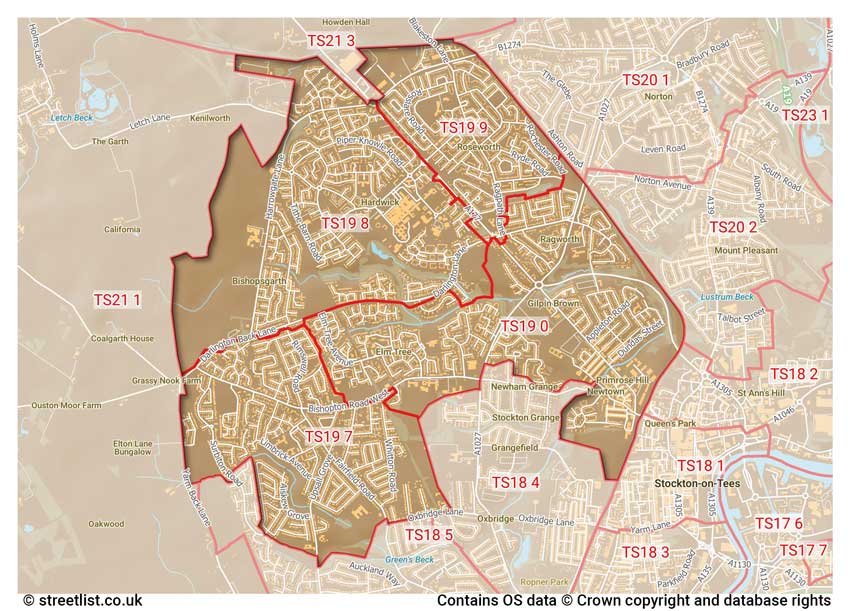 map showing postcode sectors within the TS19 district