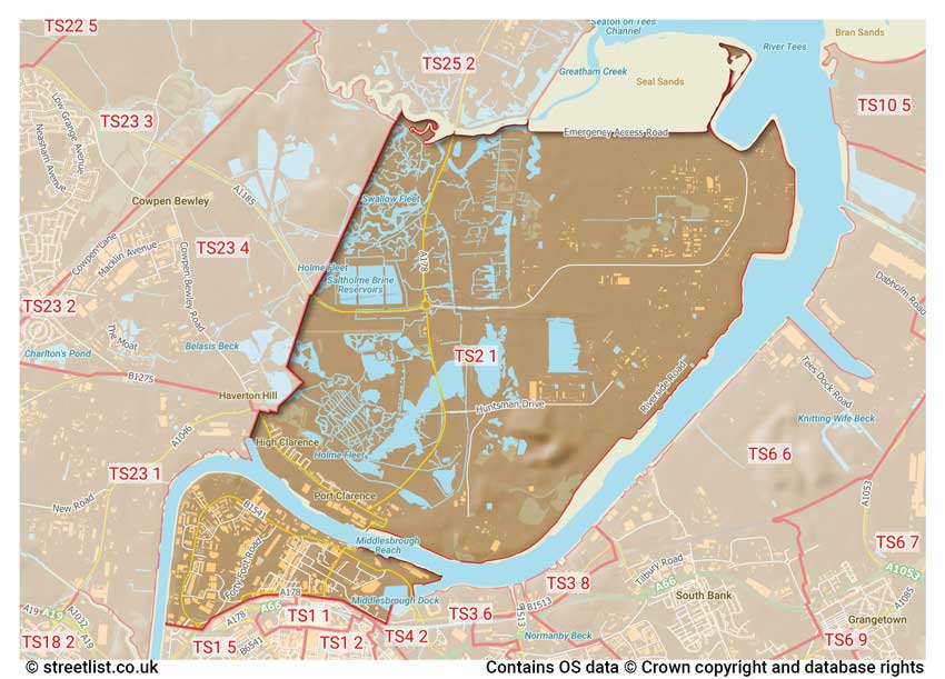 map showing postcode sectors within the TS2 district