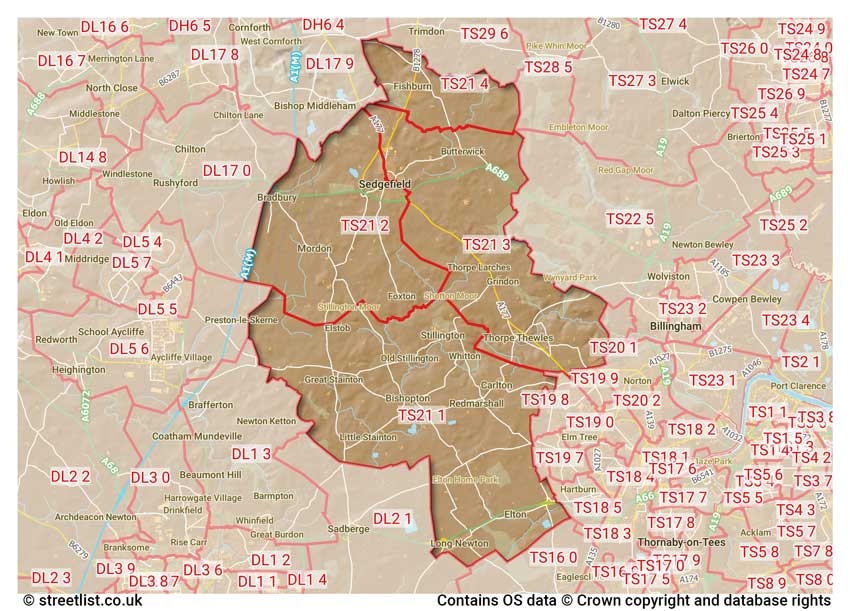 map showing postcode sectors within the TS21 district