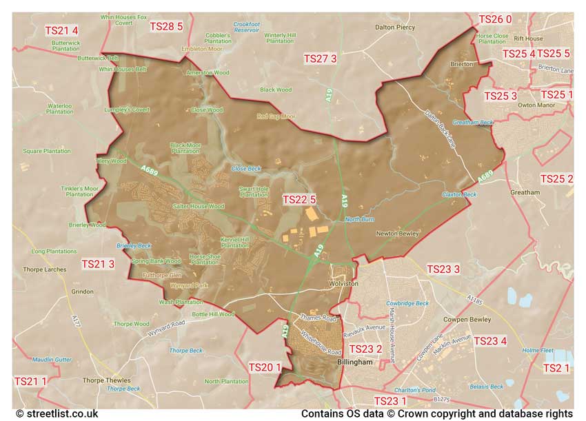 map showing postcode sectors within the TS22 district