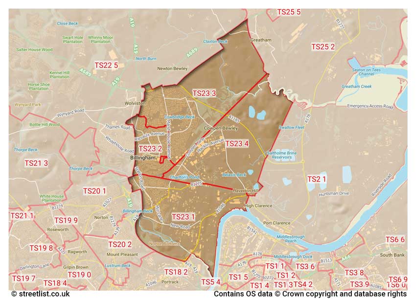 map showing postcode sectors within the TS23 district